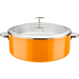 Tarjoilu- ja lämpöastia lasikannella ja ruostumattomasta teräksestä valmistetulla sisäosalla Kolmikerroksinen vasaroitu pinta ⌀320x120mm Oranssi | Adexa E0912015