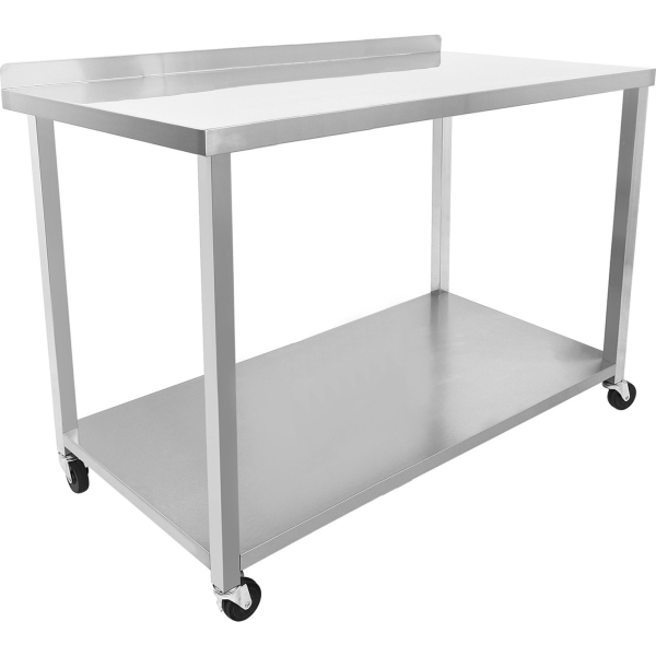 Kaupallinen siirrettävä työpöytä pyörillä, ruostumaton teräs, alahylly ja reunalista 1200x700x900mm | Adexa DWTC70120B