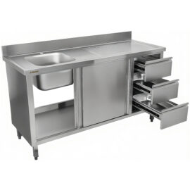 Kaupallinen Pesuallas Kaappi Ruostumaton Teräs 1600x600x900mm 1 allas vasemmalla 3 laatikkoa Roiskesuoja | Adexa DSA601602D3DL