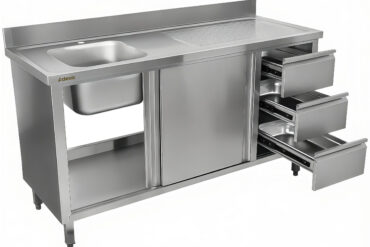 Kaupallinen Pesuallaskaappi Ruostumaton Teräs 1000x600x900mm 1 allas vasemmalla 3 laatikkoa Roiskesuoja | Adexa DSA601002D3DL