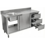 Kaupallinen Pesuallas Kaappi Ruostumaton Teräs 1200x600x900mm 1 allas vasemmalla 3 laatikkoa Roiskesuoja | Adexa DSA601202D3DL