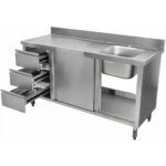 Kaupallinen Pesuallas Kaappi Ruostumaton Teräs 1000x600x900mm 1 allas oikealla 3 laatikkoa Roiskesuoja | Adexa DSA601002D3DR