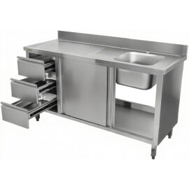 Kaupallinen Pesuallaskaappi Ruostumaton Teräs 1600x600x900mm 1 allas oikealla 3 laatikkoa Roiskesuoja | Adexa DSA601602D3DR