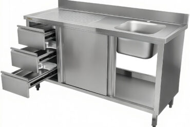 Kaupallinen pesuallaskaappi ruostumaton teräs 1200x600x900mm 1 allas oikealla 3 laatikkoa roiskesuoja | Adexa DSA601202D3DR