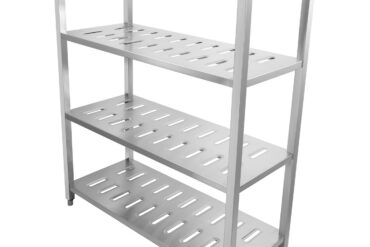 Ruostumattomasta teräksestä valmistettu hyllykkö, neliöjalat, 4 hyllyä rei'illä | Adexa QHSSP1805