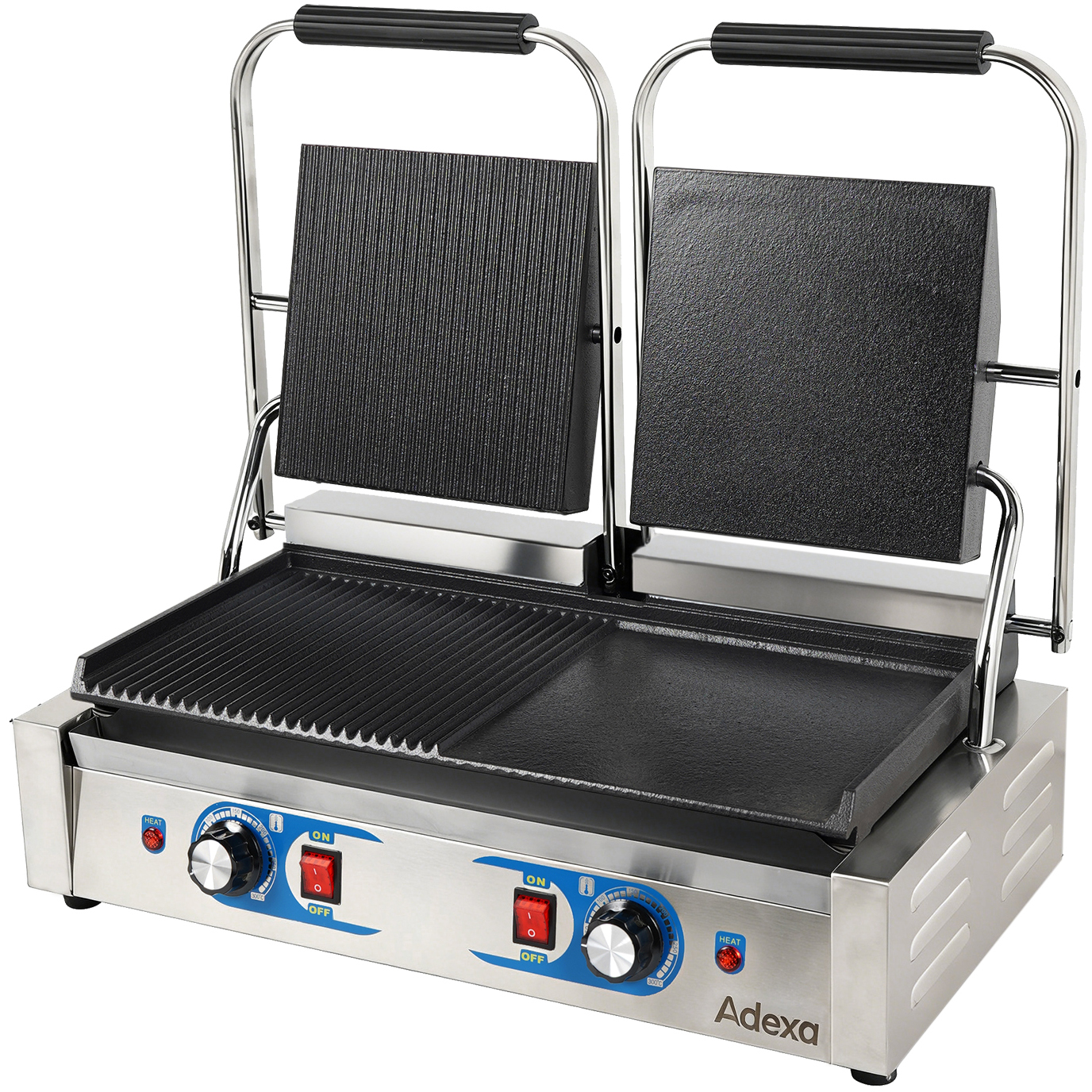 Kaksivyöhykkeinen raskaan käytön paninigrilli 3 Kaksivyöhykkeinen raskaan käytön paninigrilli 3,6 kW, uritettu/tasainen yläosa | Adexa MLP813B - Image 1