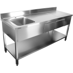 Ammattikeittiön allas ruostumatonta terästä 1800x600x900mm 1 allas vasemmalla 2 laatikkoa roiskesuoja | Adexa DSA2D18060L