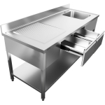 Ammattikeittiön allas ruostumatonta terästä 1800x600x900mm 1 allas oikealla 2 laatikkoa roiskesuoja | Adexa DSA2D18060R