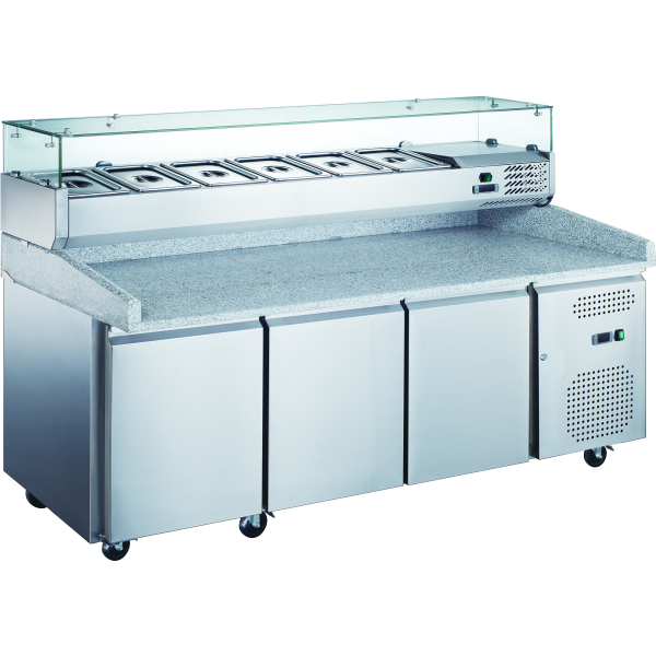 Pizzan valmistelutiski/kaappi 3 ovea Graniittitaso Jäädytetty Tasonäyttö 9xGN1/3 Syvyys 150mm | Adexa PZ36+PT36