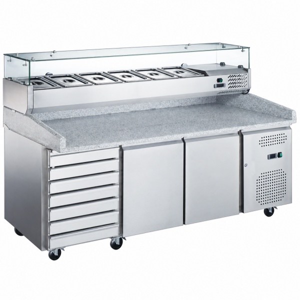 Pizzanvalmistuspöytä 2 ovea 7 laatikkoa Graniittitaso Jäädytetty Näyttötaso 9xGN1/3 Syvyys 150mm | Adexa PZ46+PT36