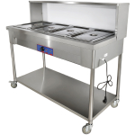 Bain-marie tarjoiluun läpinäkyvällä yskänsuojalla ja ylähyllyllä jalustalla pyörillä ja alahyllyllä 4xGN1/1 | Adexa PFD15070
